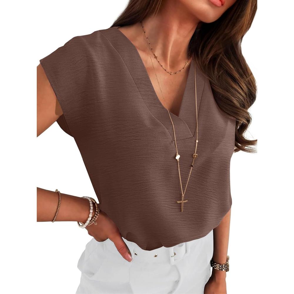 imageANRABESS Women Tops Cap Sleeve Textured Dressy Casual V Neck Shirts 2025 Summer Business Work Blouses OutfitsCoffee