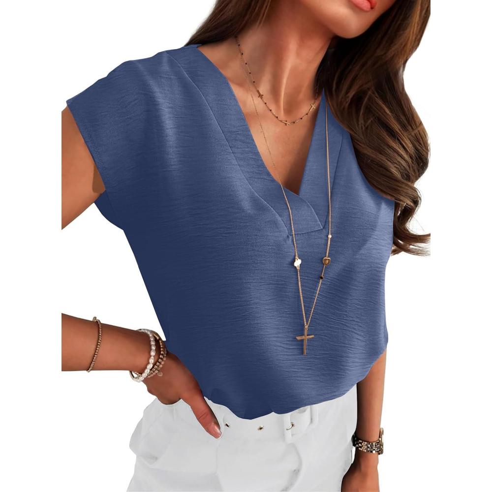 imageANRABESS Women Tops Cap Sleeve Textured Dressy Casual V Neck Shirts 2025 Summer Business Work Blouses OutfitsDark Blue