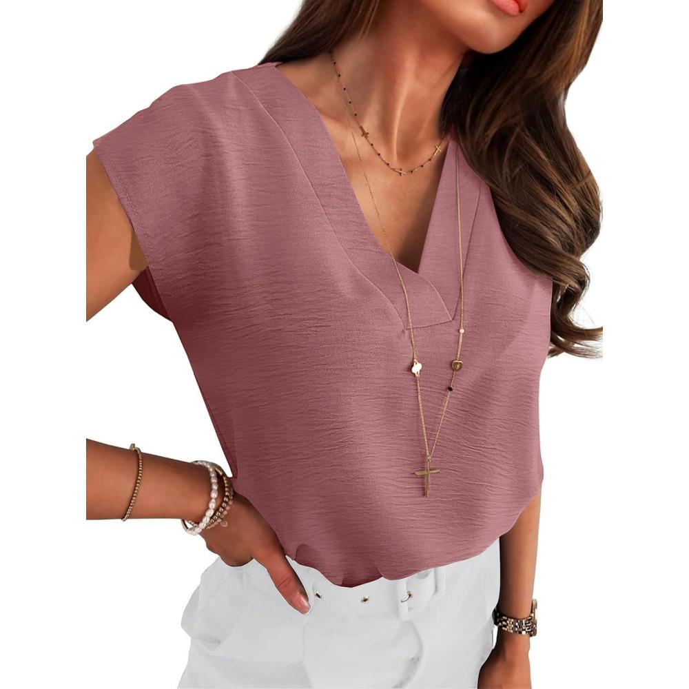 imageANRABESS Women Tops Cap Sleeve Textured Dressy Casual V Neck Shirts 2025 Summer Business Work Blouses OutfitsDusty Rose