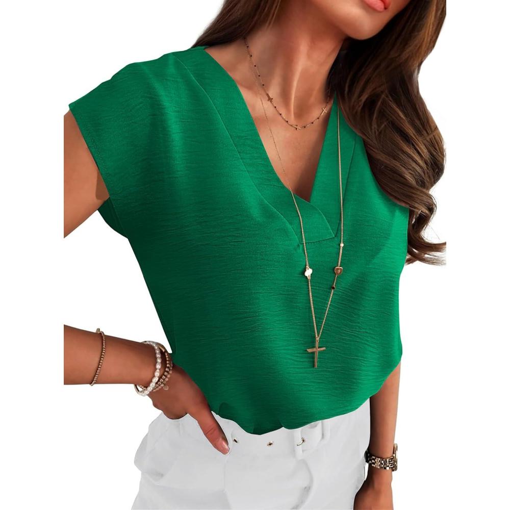 imageANRABESS Women Tops Cap Sleeve Textured Dressy Casual V Neck Shirts 2025 Summer Business Work Blouses OutfitsGreen