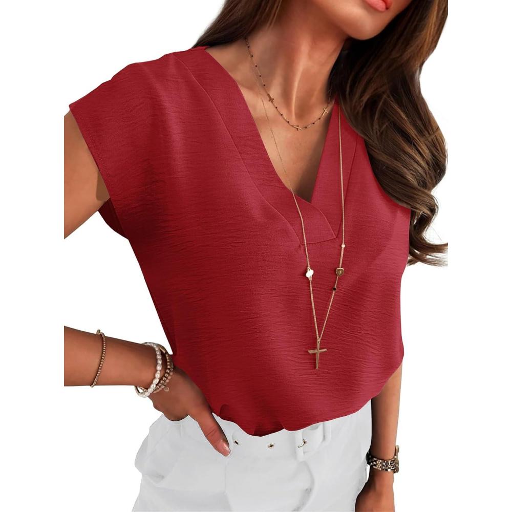 imageANRABESS Women Tops Cap Sleeve Textured Dressy Casual V Neck Shirts 2025 Summer Business Work Blouses OutfitsRed