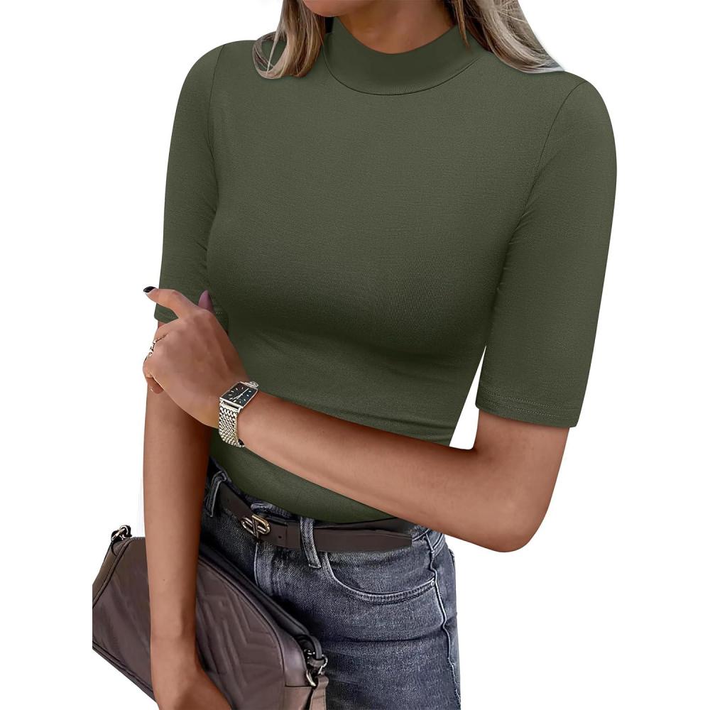 imageANRABESS Women Tops Mock Neck 12 Short Sleeve Slim Fit Basic Tee Shirts Dressy Work Business 2025 Summer Fall Casual OutfitsArmy Green