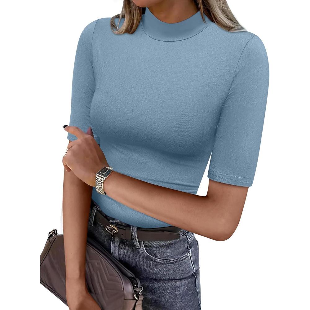 imageANRABESS Women Tops Mock Neck 12 Short Sleeve Slim Fit Basic Tee Shirts Dressy Work Business 2025 Summer Fall Casual OutfitsBlue