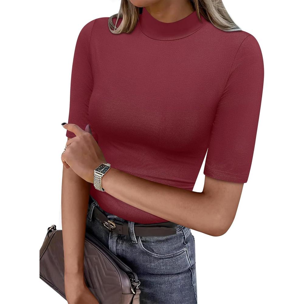 imageANRABESS Women Tops Mock Neck 12 Short Sleeve Slim Fit Basic Tee Shirts Dressy Work Business 2025 Summer Fall Casual OutfitsBurgundy