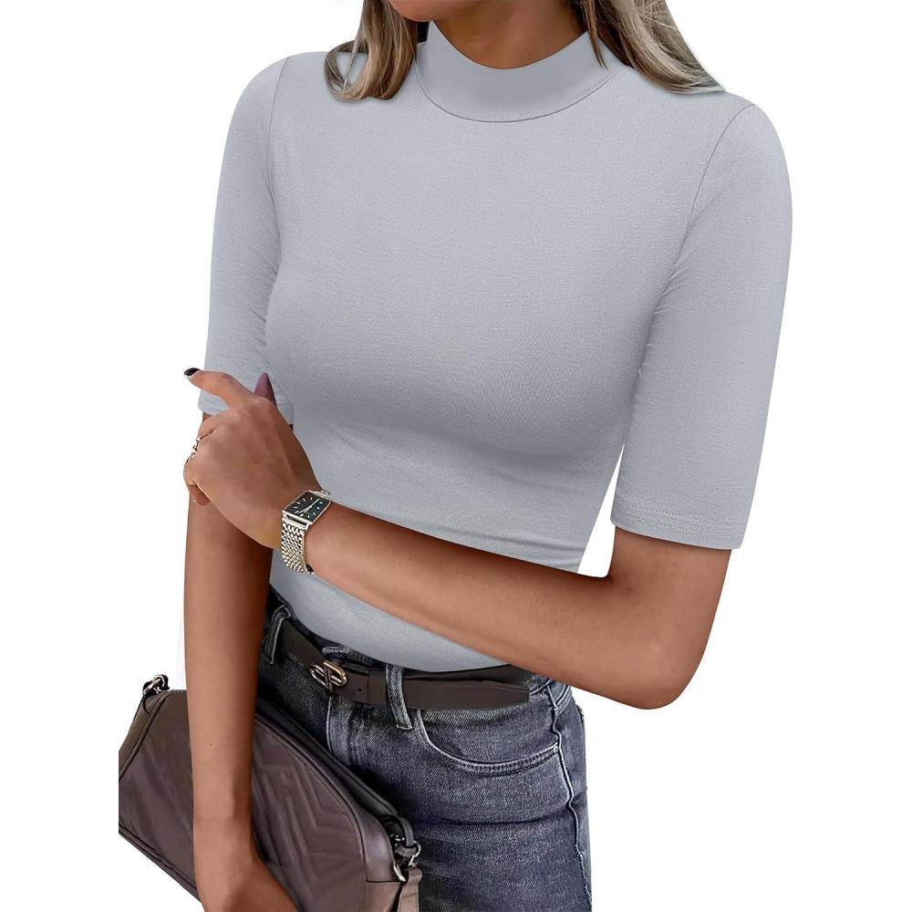 imageANRABESS Women Tops Mock Neck 12 Short Sleeve Slim Fit Basic Tee Shirts Dressy Work Business 2025 Summer Fall Casual OutfitsGrey