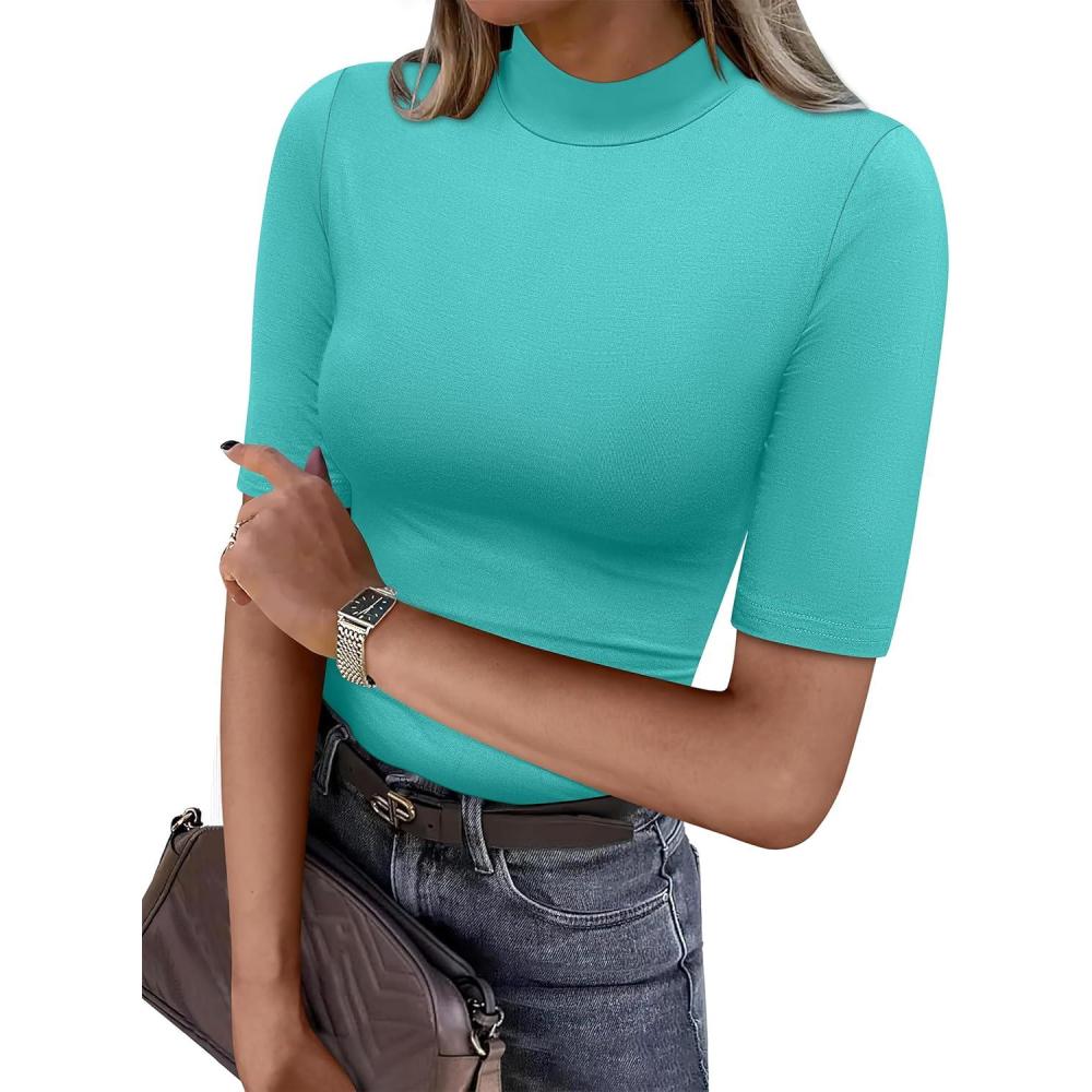imageANRABESS Women Tops Mock Neck 12 Short Sleeve Slim Fit Basic Tee Shirts Dressy Work Business 2025 Summer Fall Casual OutfitsLake Green