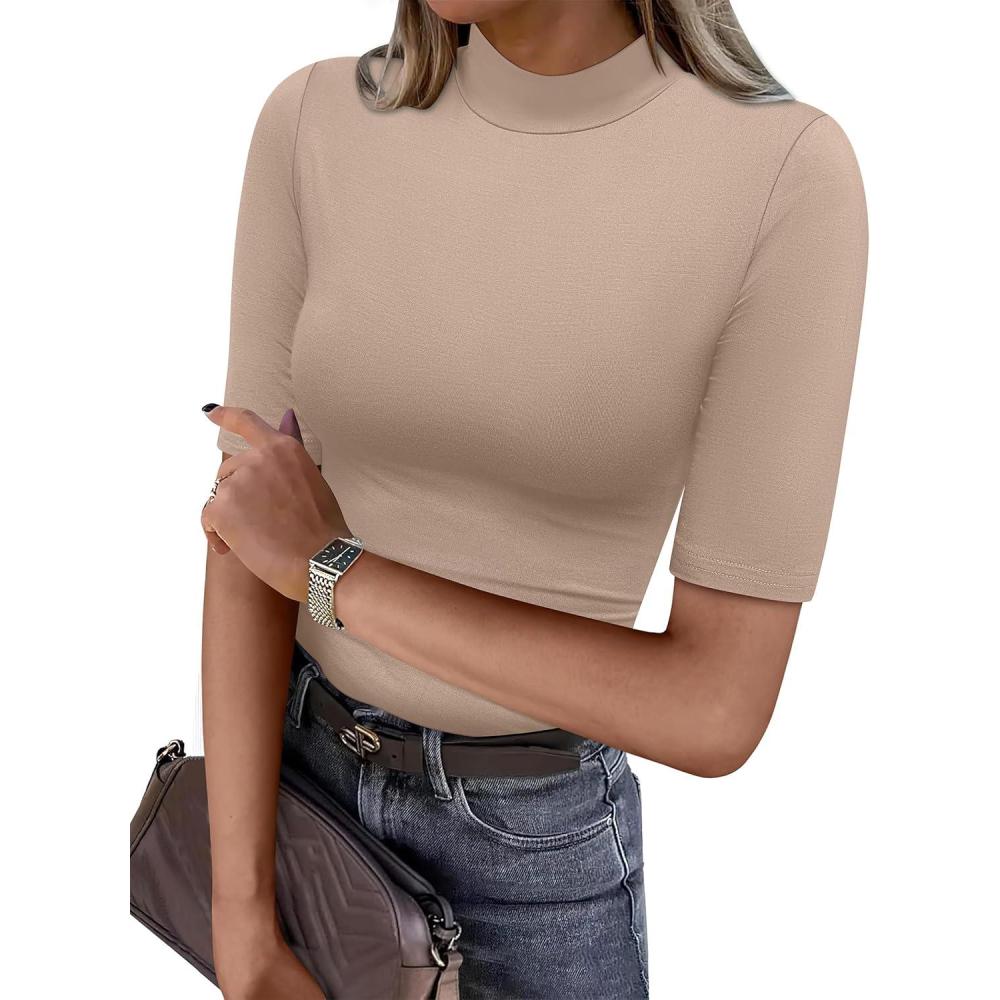 imageANRABESS Women Tops Mock Neck 12 Short Sleeve Slim Fit Basic Tee Shirts Dressy Work Business 2025 Summer Fall Casual OutfitsLight Khaki