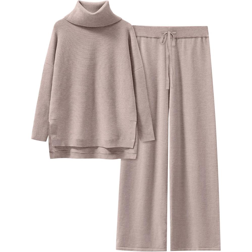 imageANRABESS Women Two Piece Outfits Oversized Turtleneck Knit Pullover Sweater Top Wide Leg Pants Lounge Set Sweatsuit 2025 FallCamel