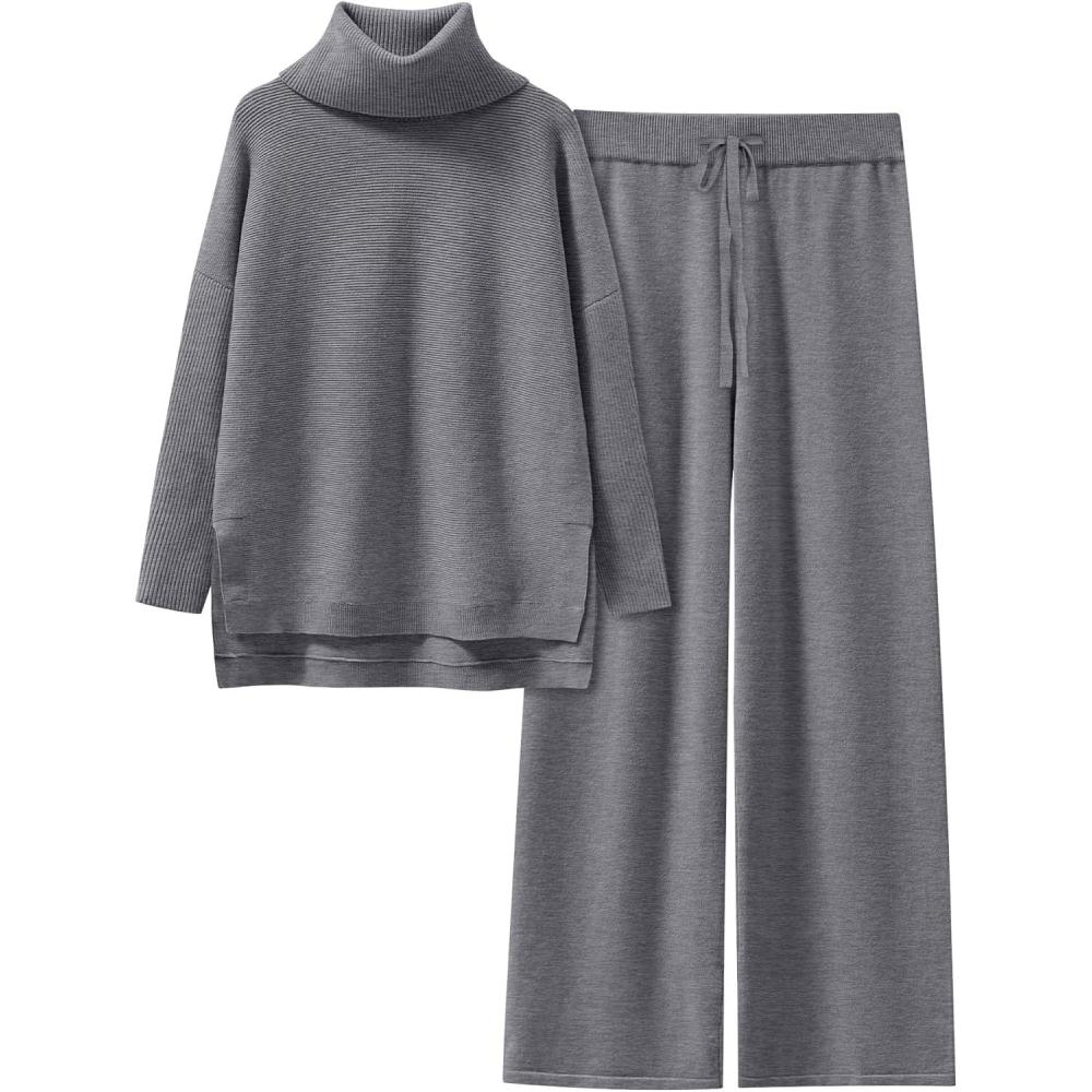 imageANRABESS Women Two Piece Outfits Oversized Turtleneck Knit Pullover Sweater Top Wide Leg Pants Lounge Set Sweatsuit 2025 FallDark Grey