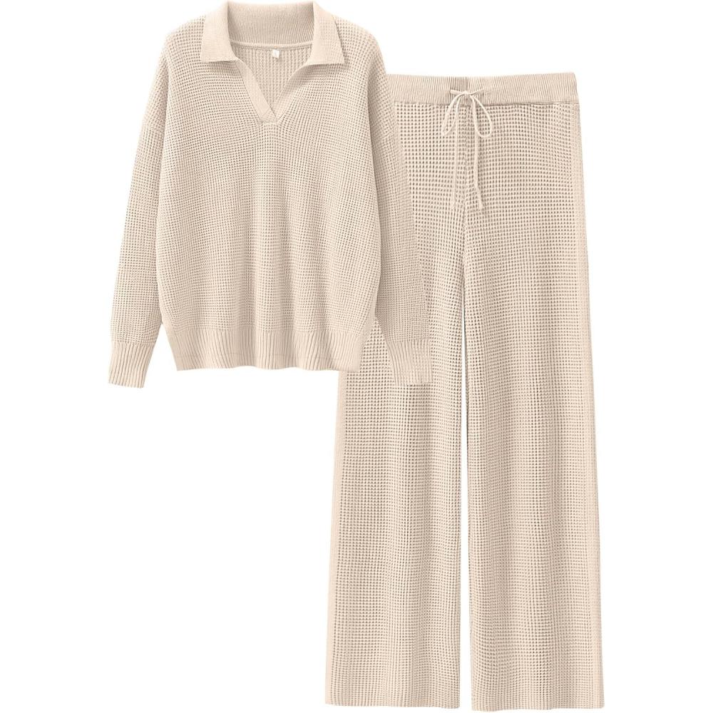 imageANRABESS Women Two Piece Outfits Sweater Sets Lounge Waffle Knit Pullover Matching Wide Leg Pants Tracksuit 2025 Fall FashionApricot