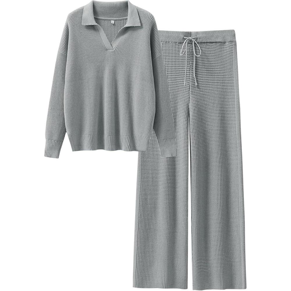 imageANRABESS Women Two Piece Outfits Sweater Sets Lounge Waffle Knit Pullover Matching Wide Leg Pants Tracksuit 2025 Fall FashionGrey