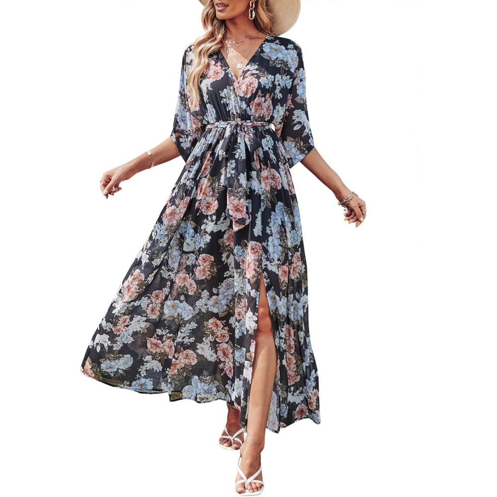 imageANRABESS Womens 12 Sleeve Beach Wedding Guest Maxi Dresses 2025 Fall Wrap V Neck Boho Floral Flowy Slit Long Summer DressesBlack Flor