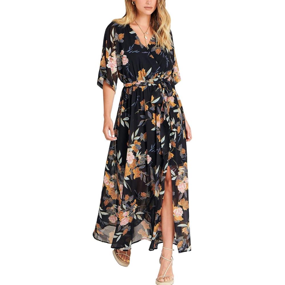 imageANRABESS Womens 12 Sleeve Beach Wedding Guest Maxi Dresses 2025 Fall Wrap V Neck Boho Floral Flowy Slit Long Summer DressesFloral Black Yellow