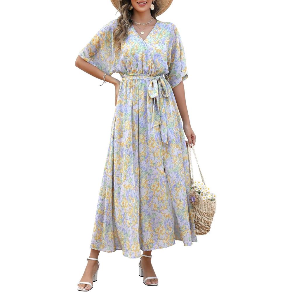 imageANRABESS Womens 12 Sleeve Beach Wedding Guest Maxi Dresses 2025 Fall Wrap V Neck Boho Floral Flowy Slit Long Summer DressesFloral Blue Yellow