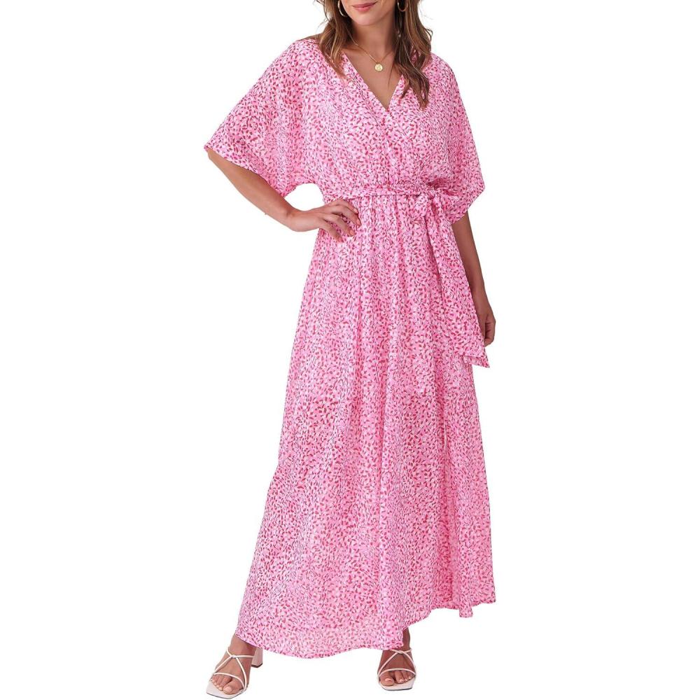 imageANRABESS Womens 12 Sleeve Beach Wedding Guest Maxi Dresses 2025 Fall Wrap V Neck Boho Floral Flowy Slit Long Summer DressesFloral Red White