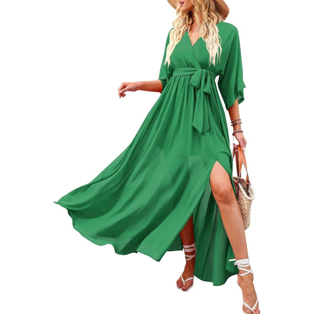 imageANRABESS Womens 12 Sleeve Beach Wedding Guest Maxi Dresses 2025 Fall Wrap V Neck Boho Floral Flowy Slit Long Summer DressesGreen