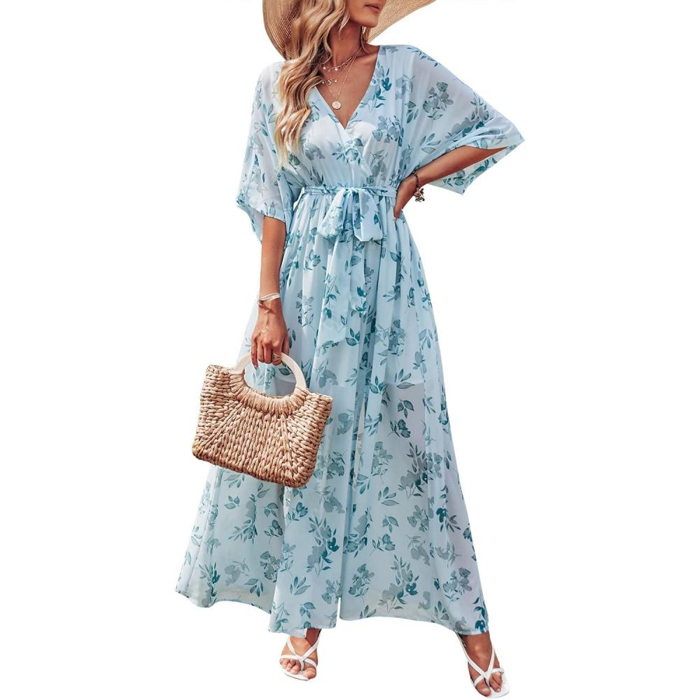 imageANRABESS Womens 12 Sleeve Beach Wedding Guest Maxi Dresses 2025 Fall Wrap V Neck Boho Floral Flowy Slit Long Summer DressesGreen Leaf Print
