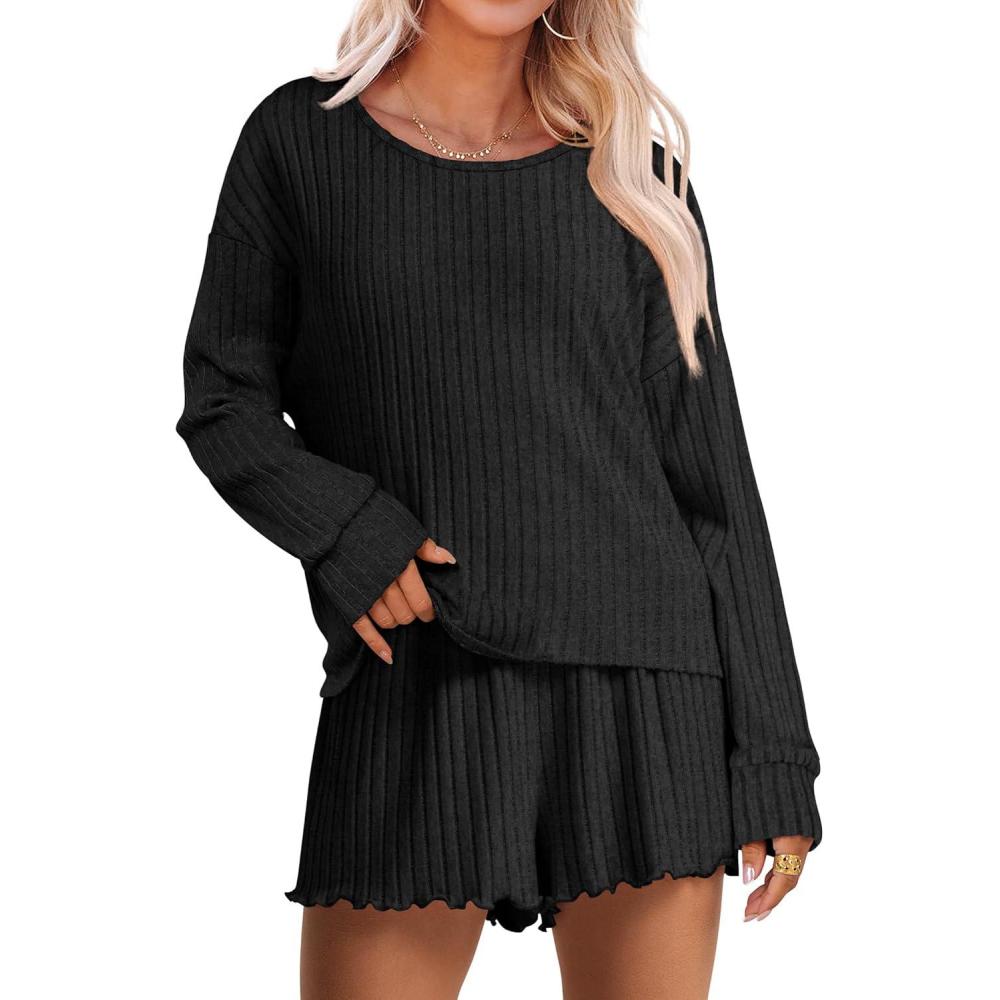 imageANRABESS Womens 2 Piece Lounge Pajama Sets Casual Ribbed Long Sleeve Top Matching Shorts Sleepwear PJ Set 2025 Fall OutfitsBlack