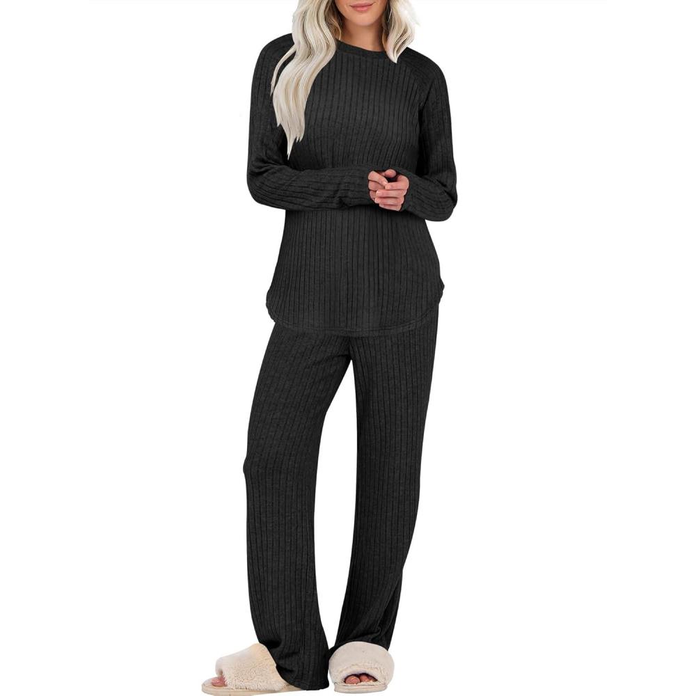 imageANRABESS Womens 2 Piece Lounge Pajama Sets Ribbed Knit Long Sleeve Tunic Tops Matching Pants Casual Fall Sleepwear OutfitsBlack