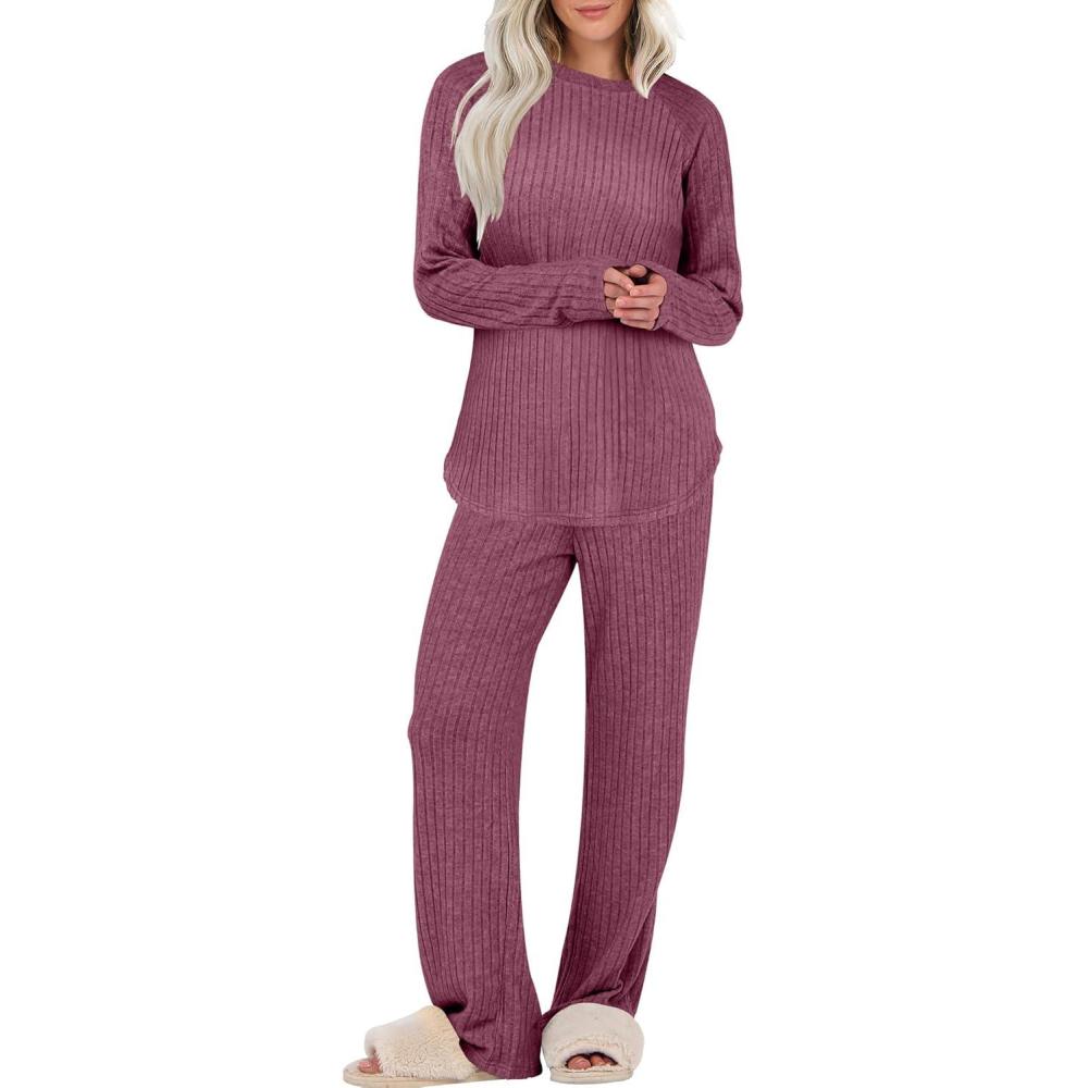imageANRABESS Womens 2 Piece Lounge Pajama Sets Ribbed Knit Long Sleeve Tunic Tops Matching Pants Casual Fall Sleepwear OutfitsDark Red