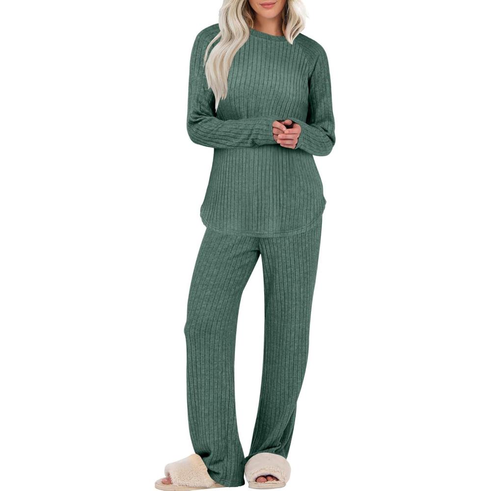 imageANRABESS Womens 2 Piece Lounge Pajama Sets Ribbed Knit Long Sleeve Tunic Tops Matching Pants Casual Fall Sleepwear OutfitsGreen