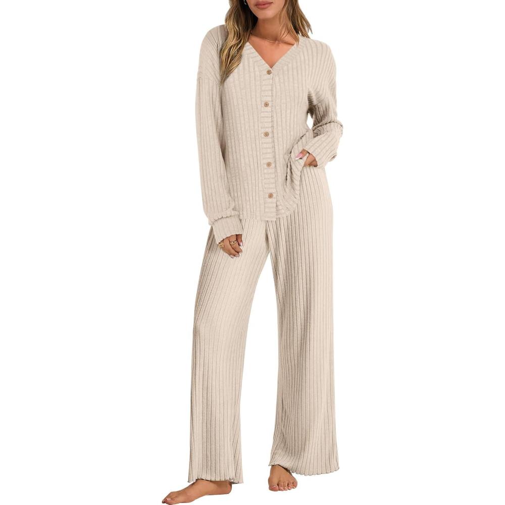 imageANRABESS Womens 2 Piece Lounge Pajama Sets Ribbed Long Sleeve Button Top Matching Pants Sleepwear PJ Set 2025 Fall OutfitsLight Khaki