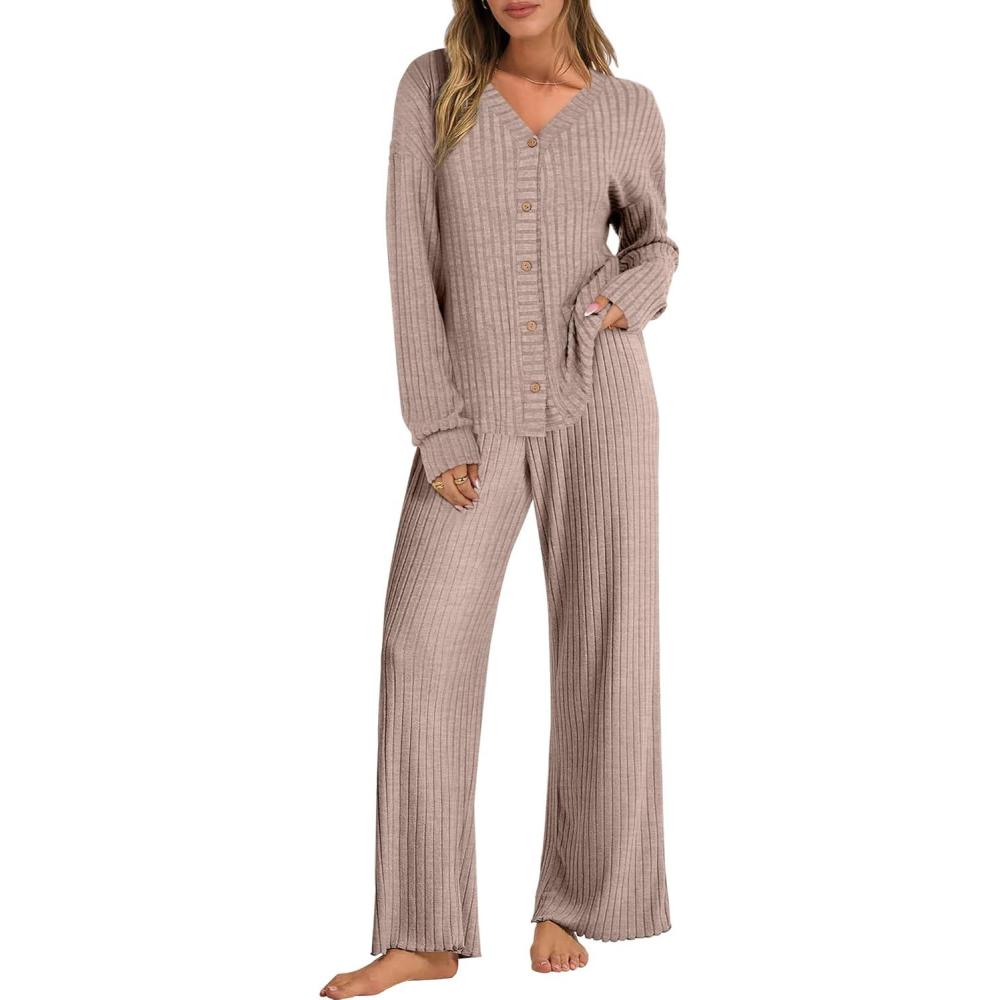 imageANRABESS Womens 2 Piece Lounge Pajama Sets Ribbed Long Sleeve Button Top Matching Pants Sleepwear PJ Set 2025 Fall OutfitsTan