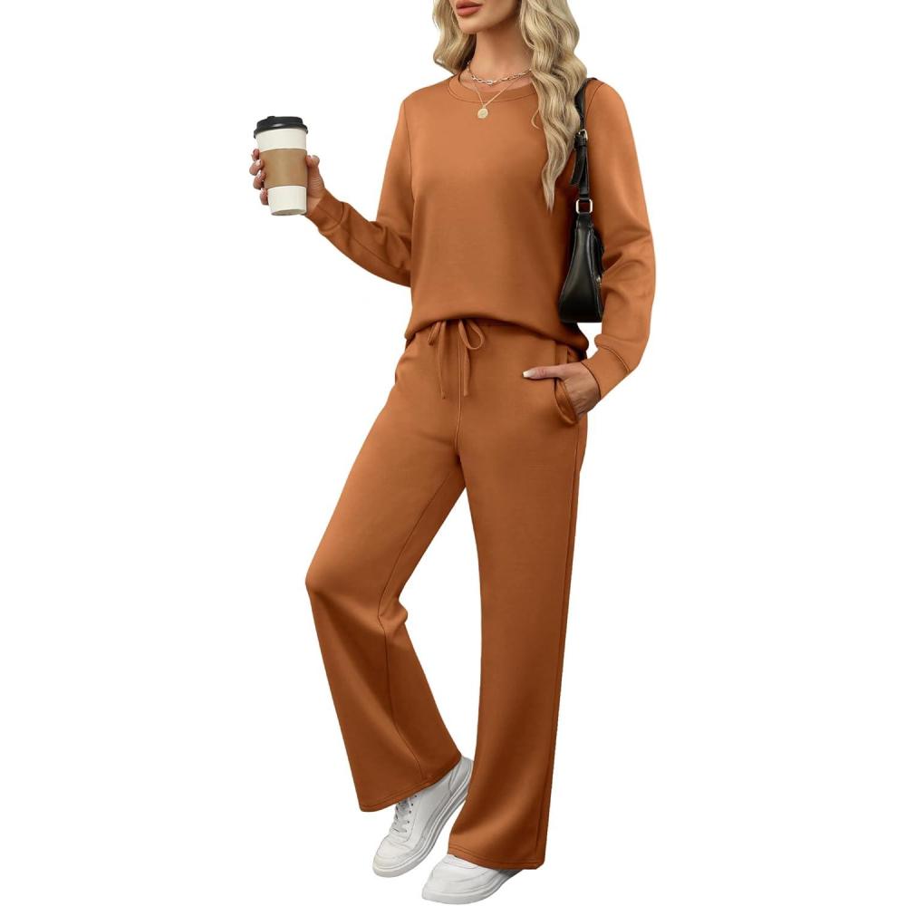 imageANRABESS Womens 2 Piece Lounge Sets Casual Travel Outfits Wide Leg Tracksuit Sweatsuits Matching Set 2025 Fall ClothesCaramel