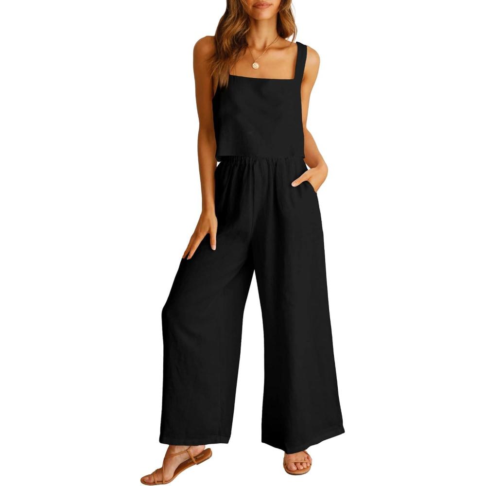 imageANRABESS Womens 2 Piece Outfits Linen Pants Jumpsuit Matching Lounge Set Casual Summer Beach Vacation Trendy ClothesBlack