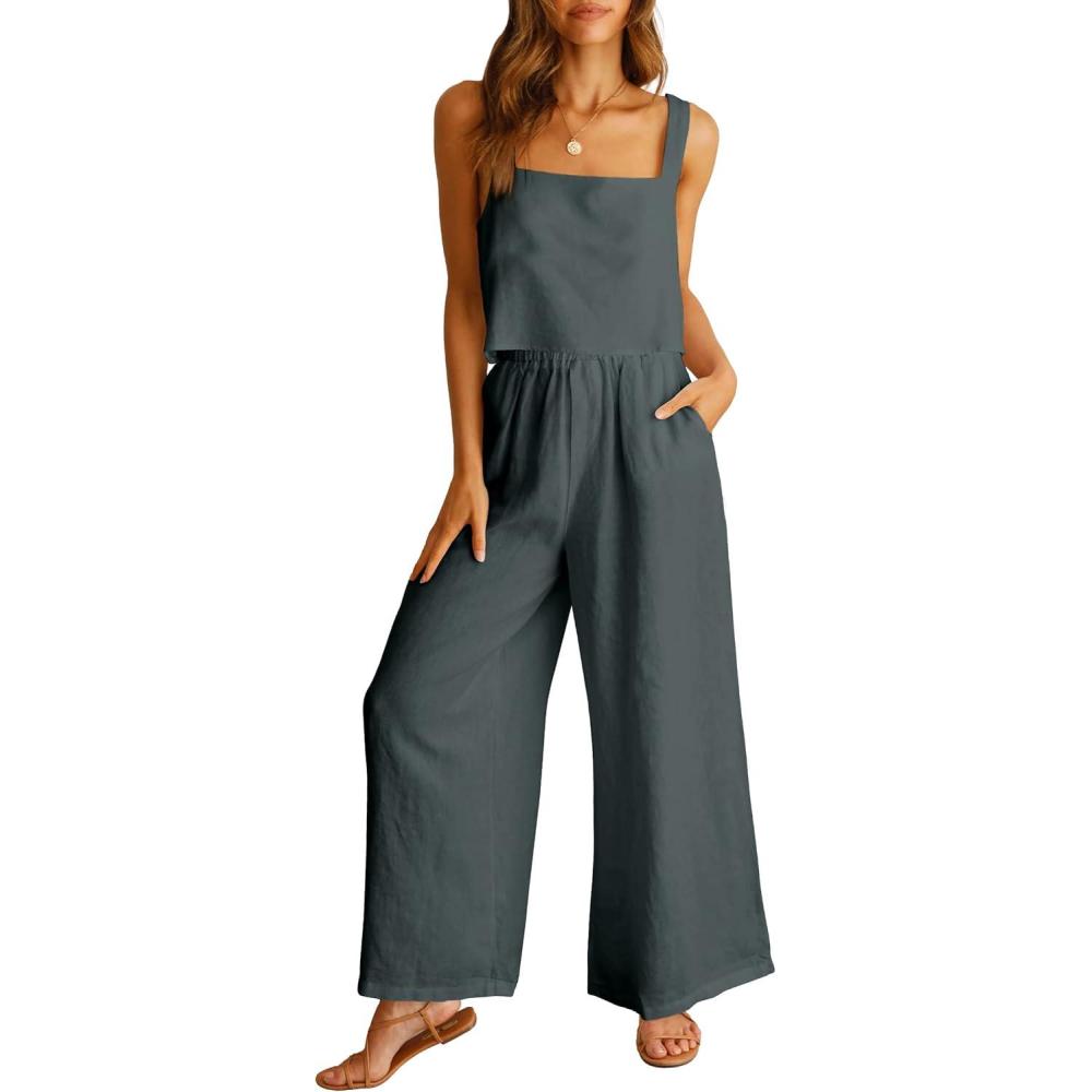 imageANRABESS Womens 2 Piece Outfits Linen Pants Jumpsuit Matching Lounge Set Casual Summer Beach Vacation Trendy ClothesGrey