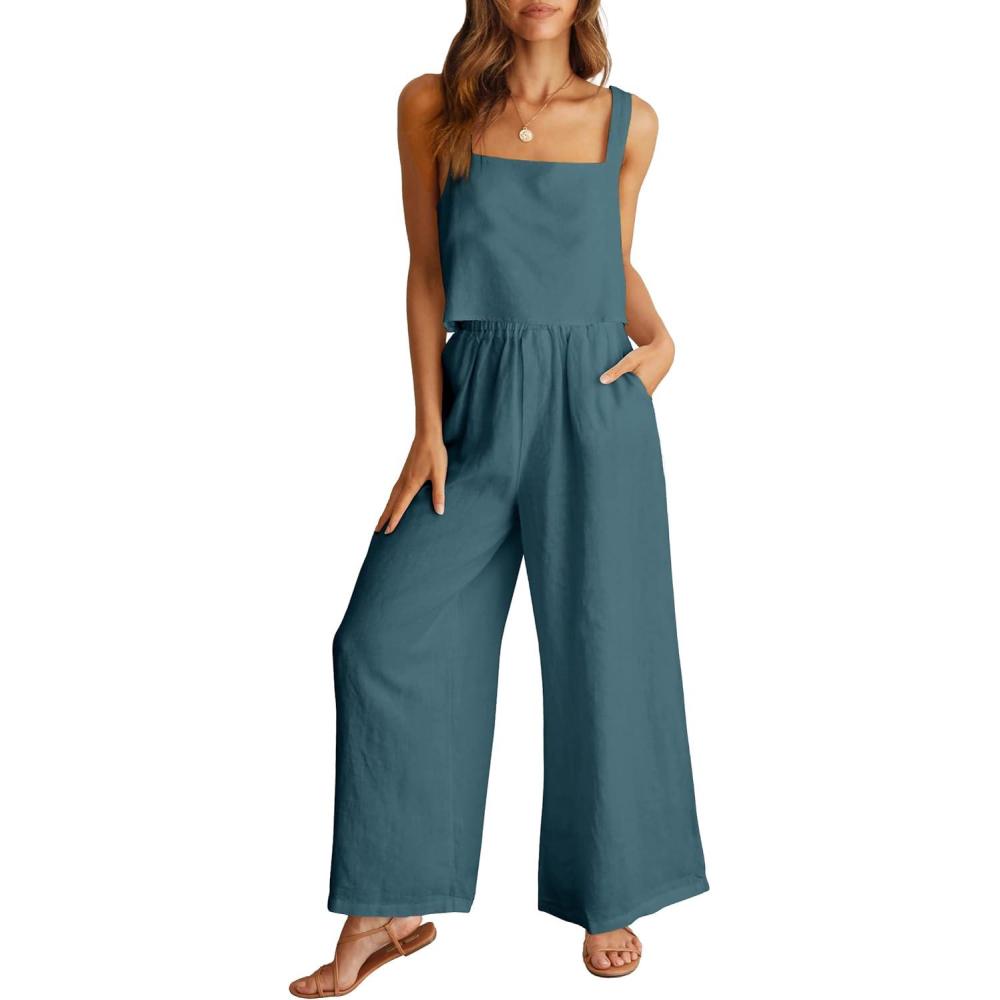 imageANRABESS Womens 2 Piece Outfits Linen Pants Jumpsuit Matching Lounge Set Casual Summer Beach Vacation Trendy ClothesGrey Blue