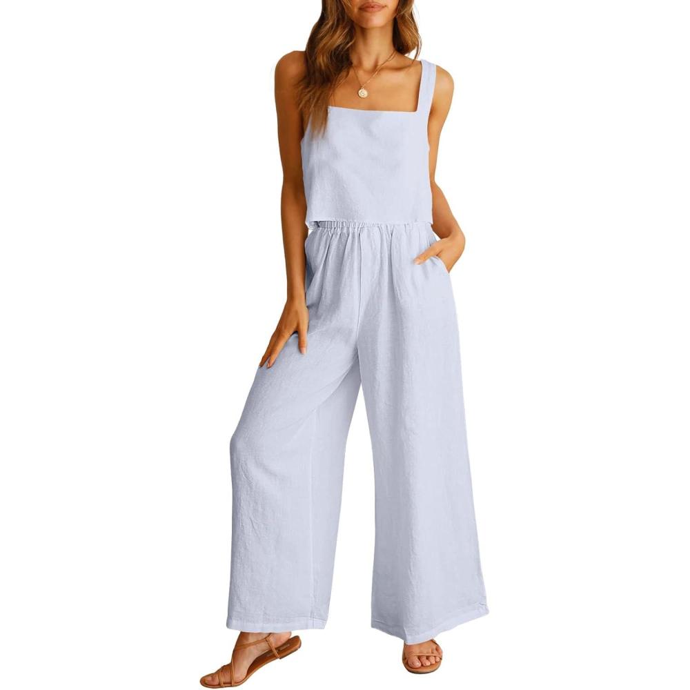 imageANRABESS Womens 2 Piece Outfits Linen Pants Jumpsuit Matching Lounge Set Casual Summer Beach Vacation Trendy ClothesLight Blue