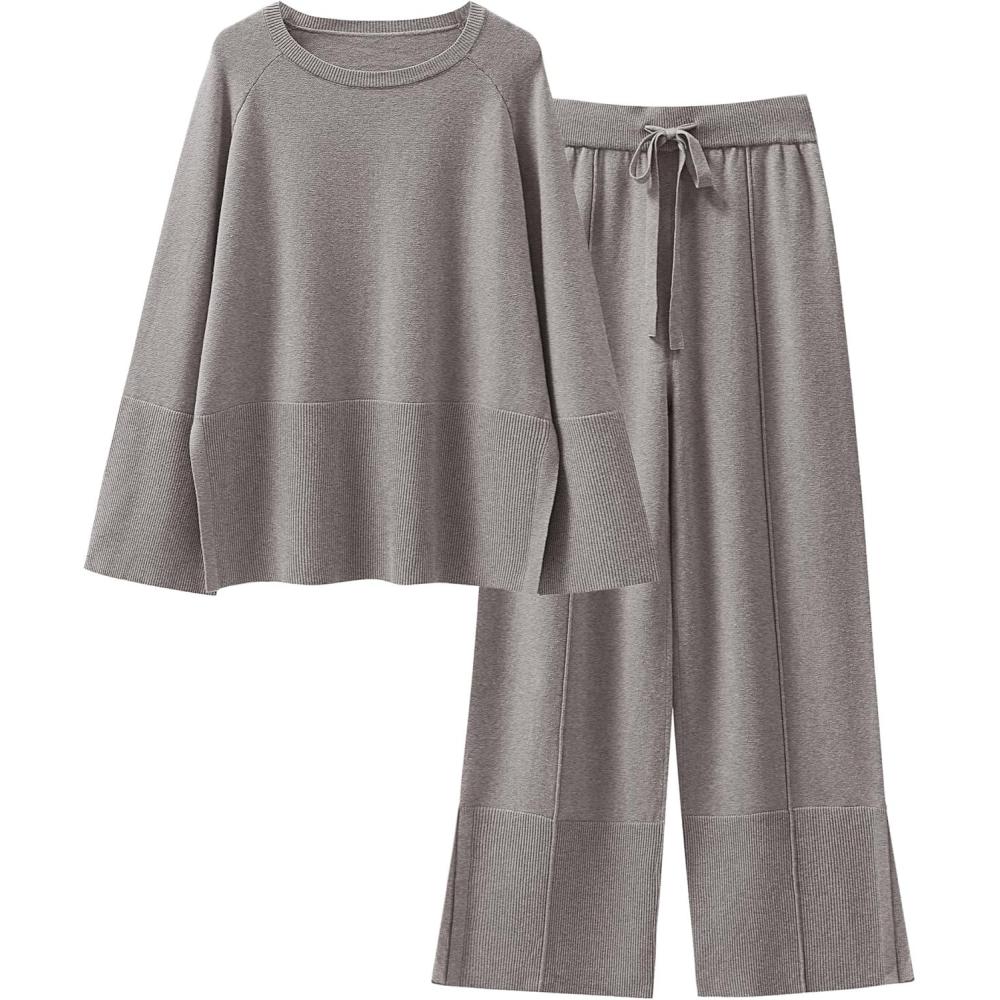 imageANRABESS Womens 2 Piece Outfits Oversized Knit Sweater Set Wide Leg Pant Cozy Lounge Matching Pajama Sets 2025 Trendy ClothesDeep Grey