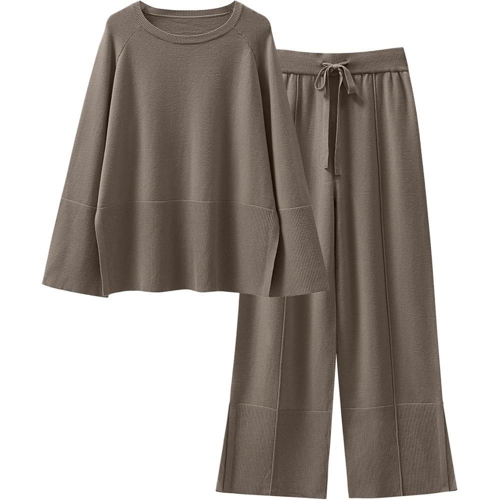 imageANRABESS Womens 2 Piece Outfits Oversized Knit Sweater Set Wide Leg Pant Cozy Lounge Matching Pajama Sets 2025 Trendy ClothesKhaki Green