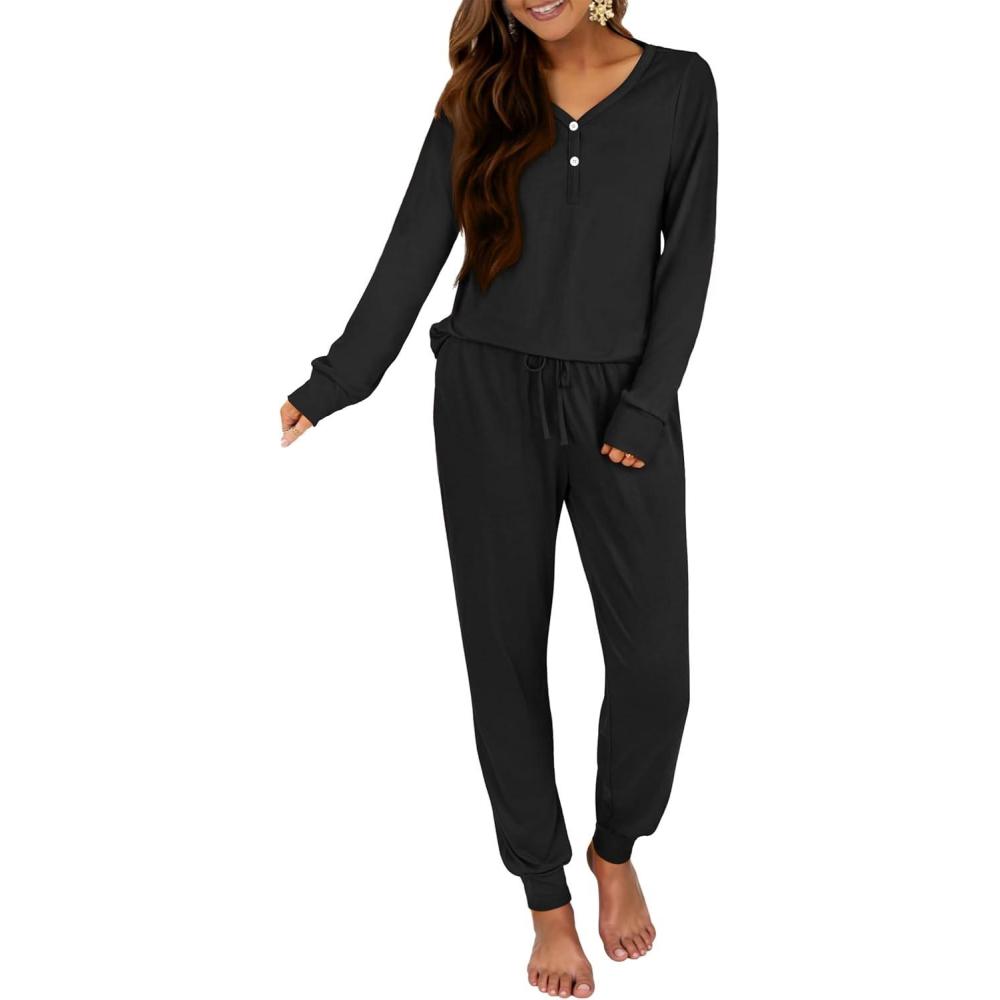 imageANRABESS Womens 2 Piece Outfits Pajama Sets Long Sleeve Henley Tops Sweatpants Matching Lounge Set 2025 Fall Pj SleepwearBlack