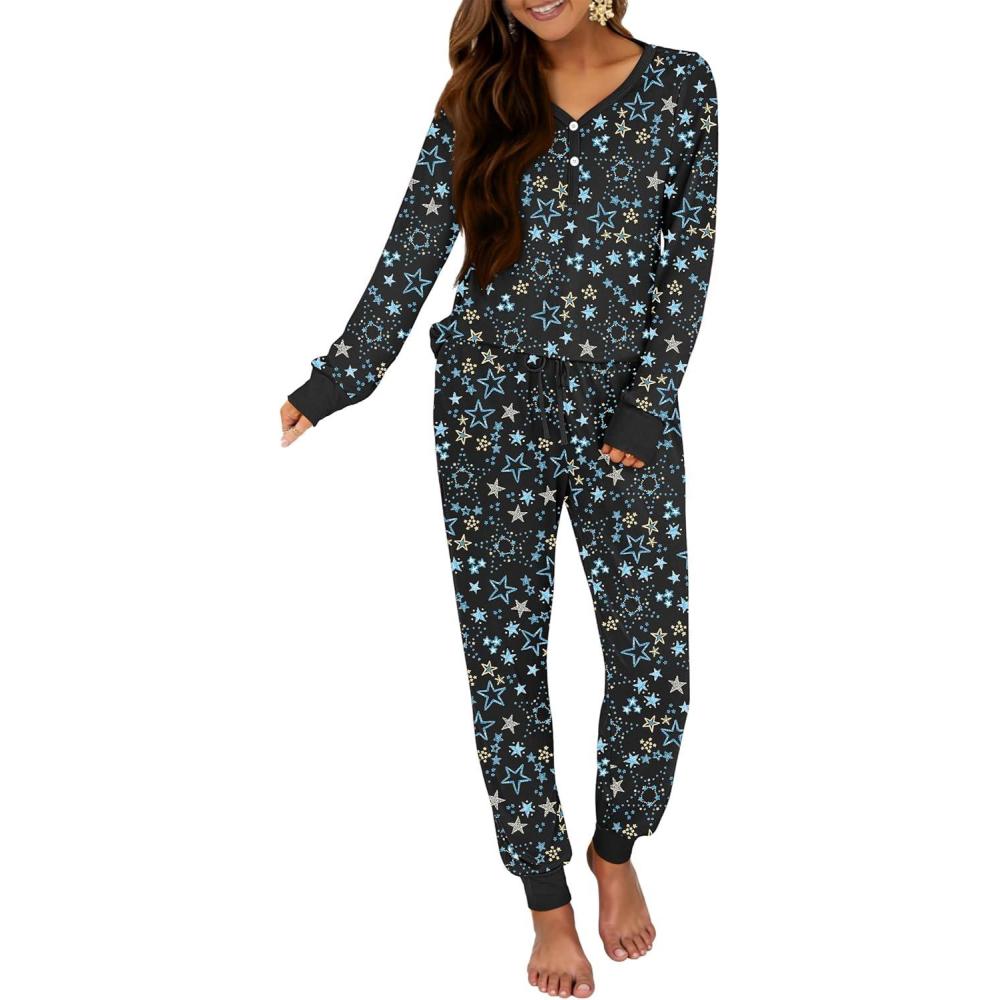 imageANRABESS Womens 2 Piece Outfits Pajama Sets Long Sleeve Henley Tops Sweatpants Matching Lounge Set 2025 Fall Pj SleepwearBlue White Floral