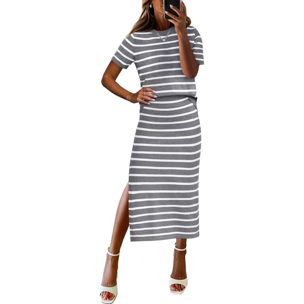 imageANRABESS Womens 2 Piece Outfits Striped Sweater Skirt Sets 2025 Summer Casual Short Sleeve Pullover Tops Travel Midi DressGrey White