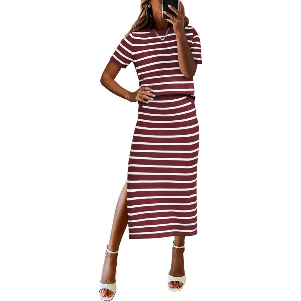 imageANRABESS Womens 2 Piece Outfits Striped Sweater Skirt Sets 2025 Summer Casual Short Sleeve Pullover Tops Travel Midi DressRed White