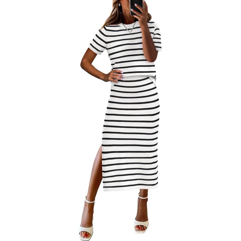 imageANRABESS Womens 2 Piece Outfits Striped Sweater Skirt Sets 2025 Summer Casual Short Sleeve Pullover Tops Travel Midi DressWhite Black