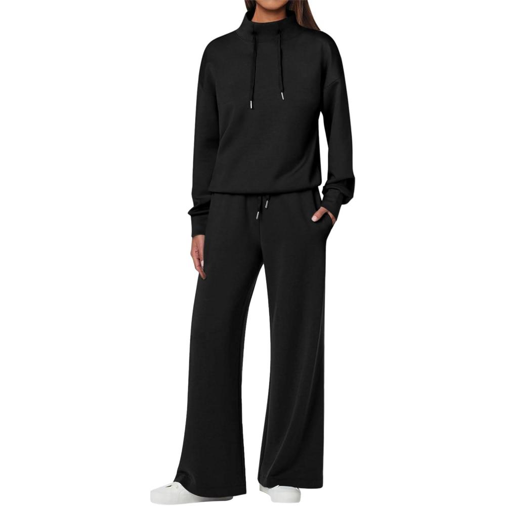 imageANRABESS Womens 2 Piece Outfits Sweatsuit Set 2025 Fall Drawstring Sweatshirt Wide Leg Sweatpant Lounge Set TracksuitBlack