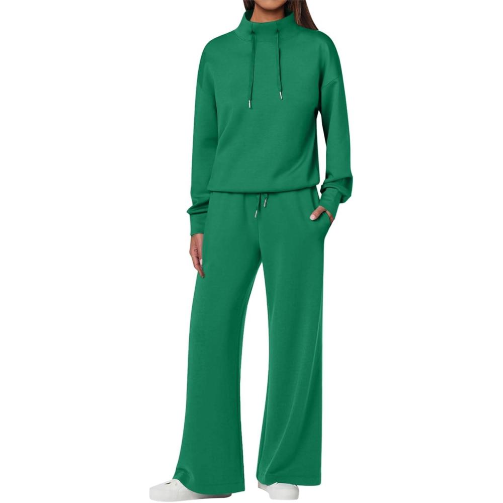 imageANRABESS Womens 2 Piece Outfits Sweatsuit Set 2025 Fall Drawstring Sweatshirt Wide Leg Sweatpant Lounge Set TracksuitGreen