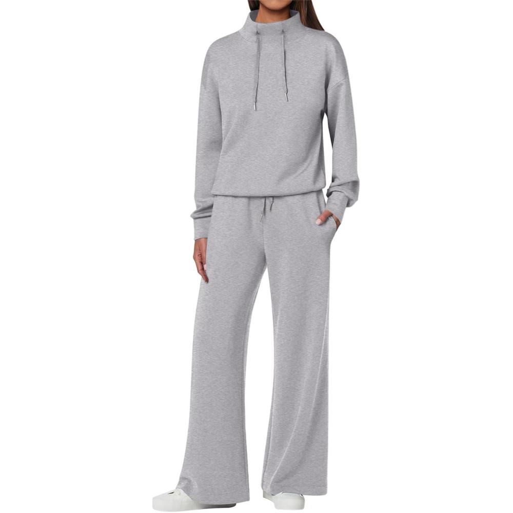 imageANRABESS Womens 2 Piece Outfits Sweatsuit Set 2025 Fall Drawstring Sweatshirt Wide Leg Sweatpant Lounge Set TracksuitGrey