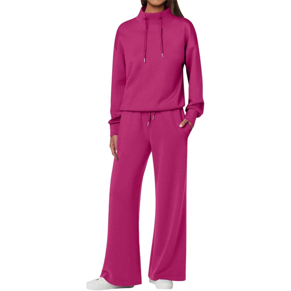 imageANRABESS Womens 2 Piece Outfits Sweatsuit Set 2025 Fall Drawstring Sweatshirt Wide Leg Sweatpant Lounge Set TracksuitHot Pink