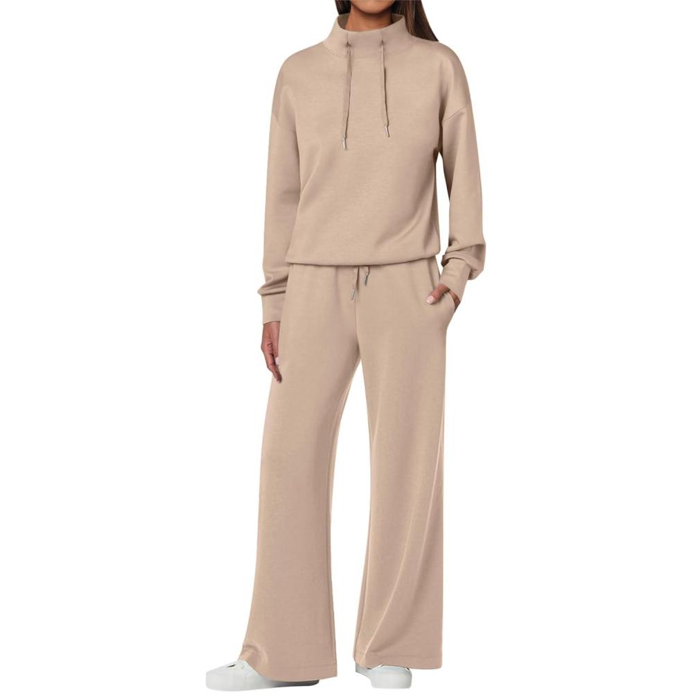 imageANRABESS Womens 2 Piece Outfits Sweatsuit Set 2025 Fall Drawstring Sweatshirt Wide Leg Sweatpant Lounge Set TracksuitKhaki