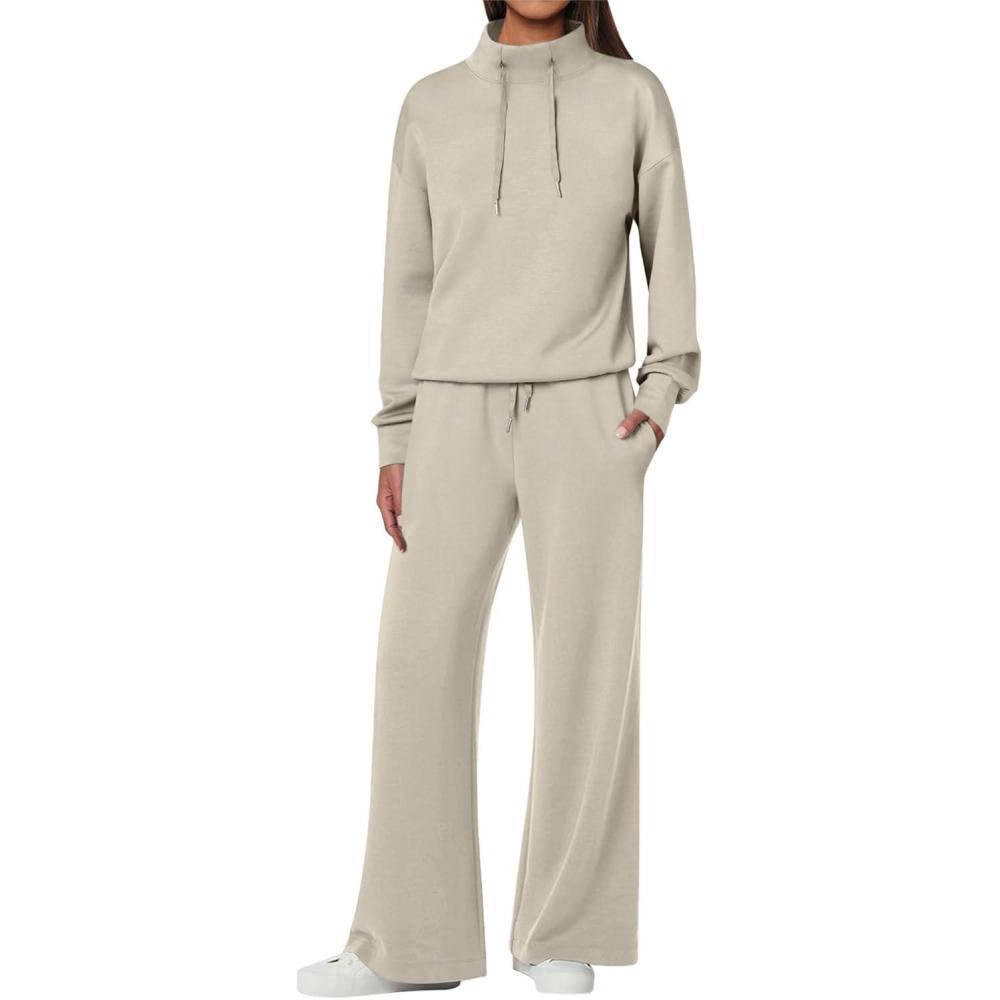 imageANRABESS Womens 2 Piece Outfits Sweatsuit Set 2025 Fall Drawstring Sweatshirt Wide Leg Sweatpant Lounge Set TracksuitLight Khaki