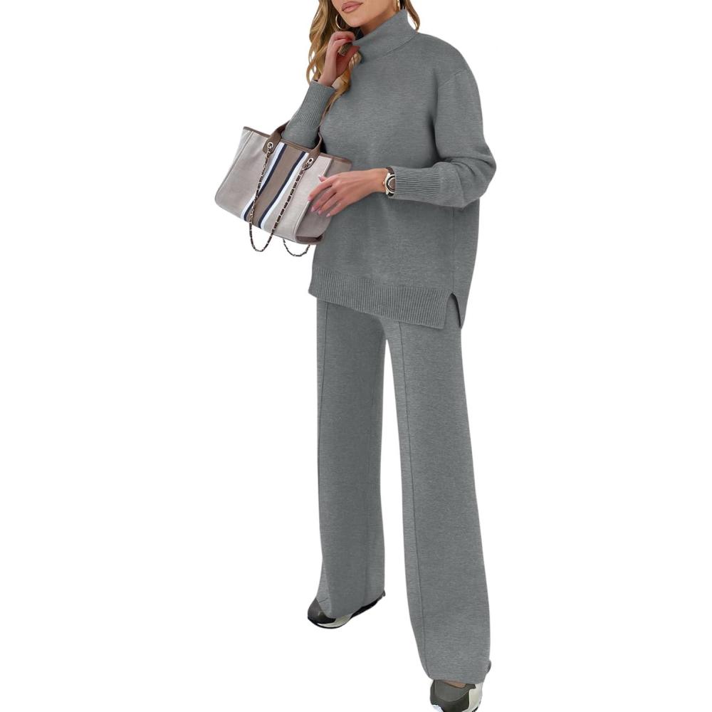 imageANRABESS Womens 2 Piece Outfits Turtleneck Matching Lounge Set Sweater Top Wide Leg Pants Fall Cozy Knit Sweatsuit LoungewearGrey