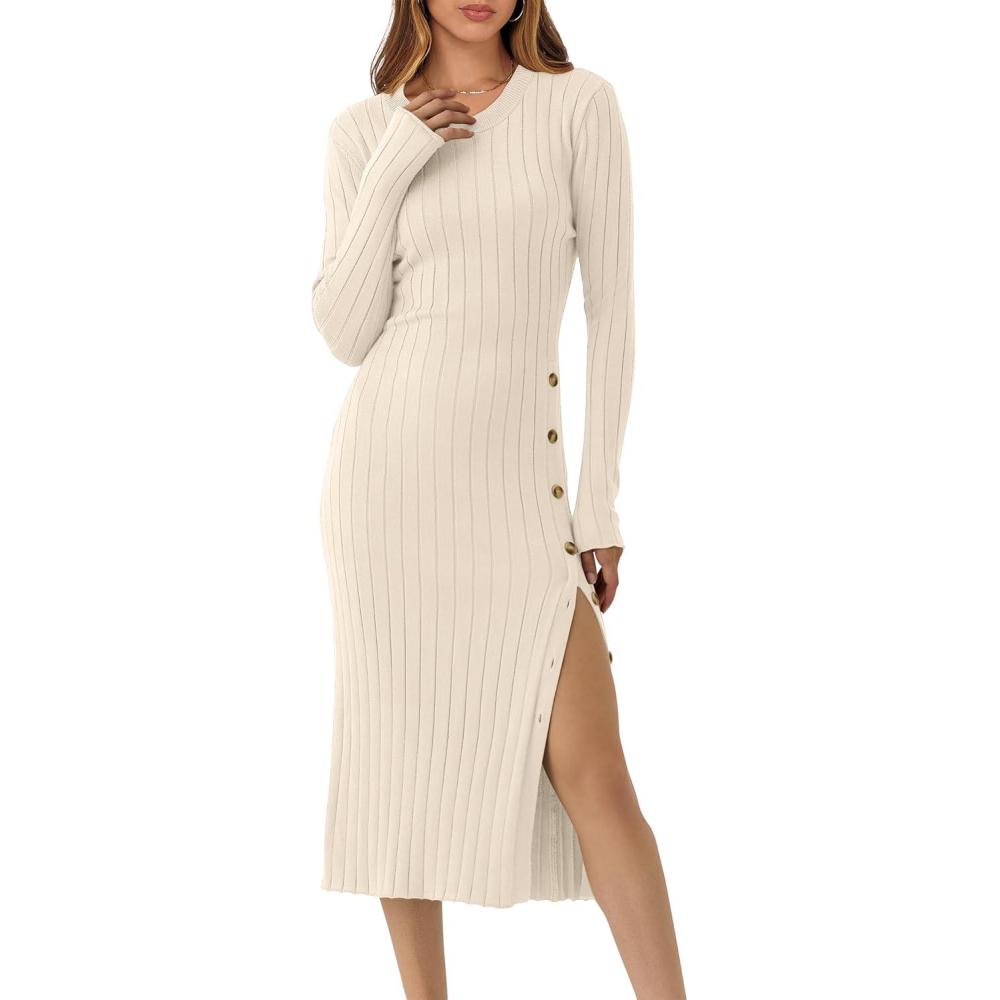 imageANRABESS Womens 2025 Fall Long Sleeve Midi Dress Ribbed Knit Bodycon Fitted Button Down Wedding Guest Slit Sweater DressesBeige