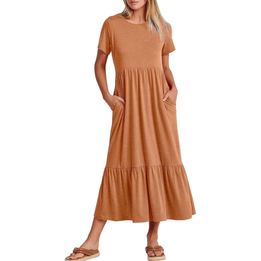 imageANRABESS Womens 2025 Summer Casual Maxi Dress A line Tiered Flowy Short Sleeve Crewneck T Shirt Beach Travel Long DressesBrown