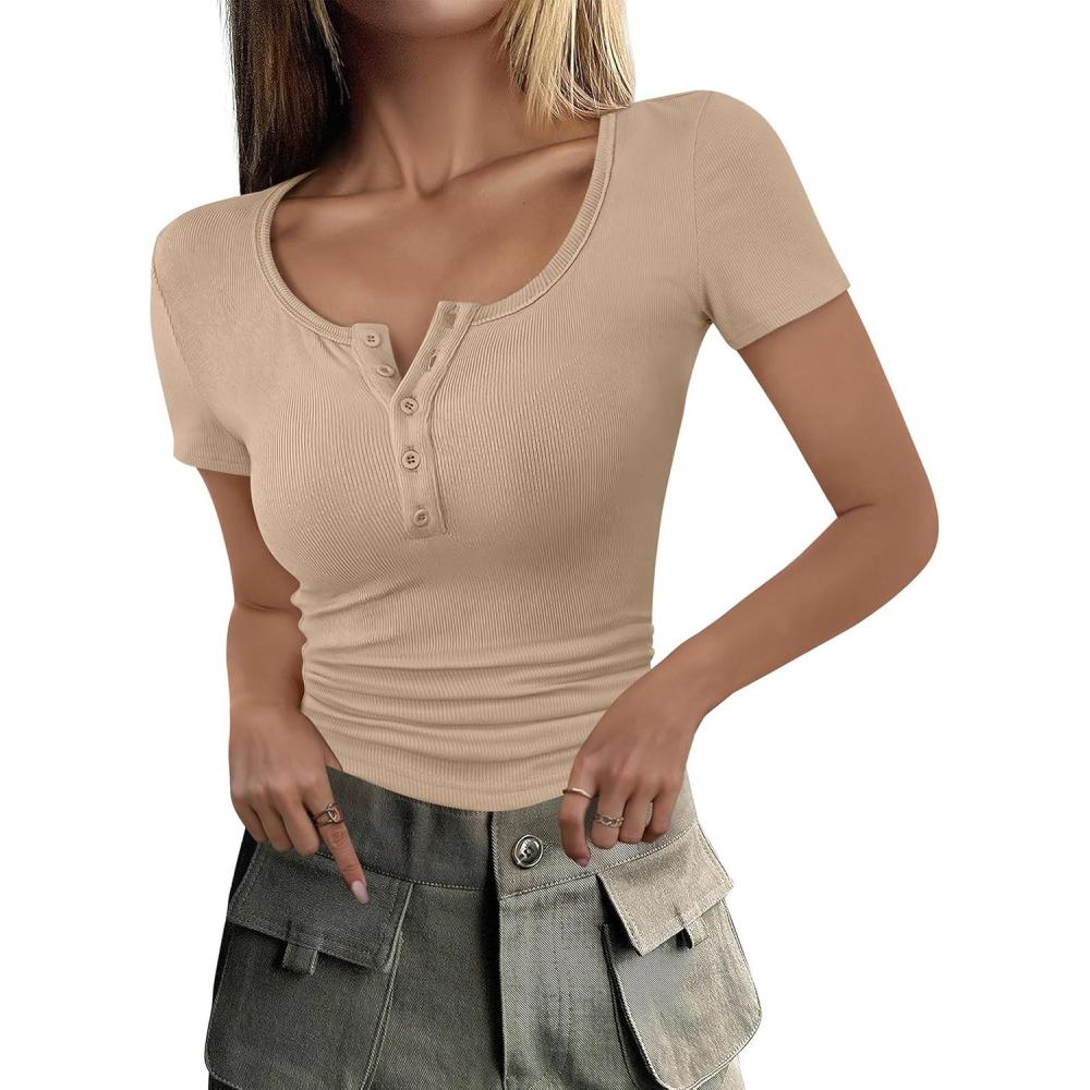 imageANRABESS Womens 2025 Summer Short Sleeve Tops Ribbed Knit Henley Button Up Slim Fit Basic Casual T Shirts Blouse Fall OutfitsApricot