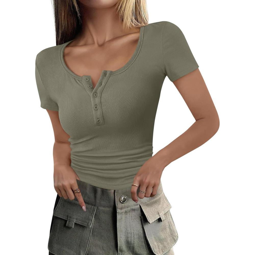 imageANRABESS Womens 2025 Summer Short Sleeve Tops Ribbed Knit Henley Button Up Slim Fit Basic Casual T Shirts Blouse Fall OutfitsArmy Green